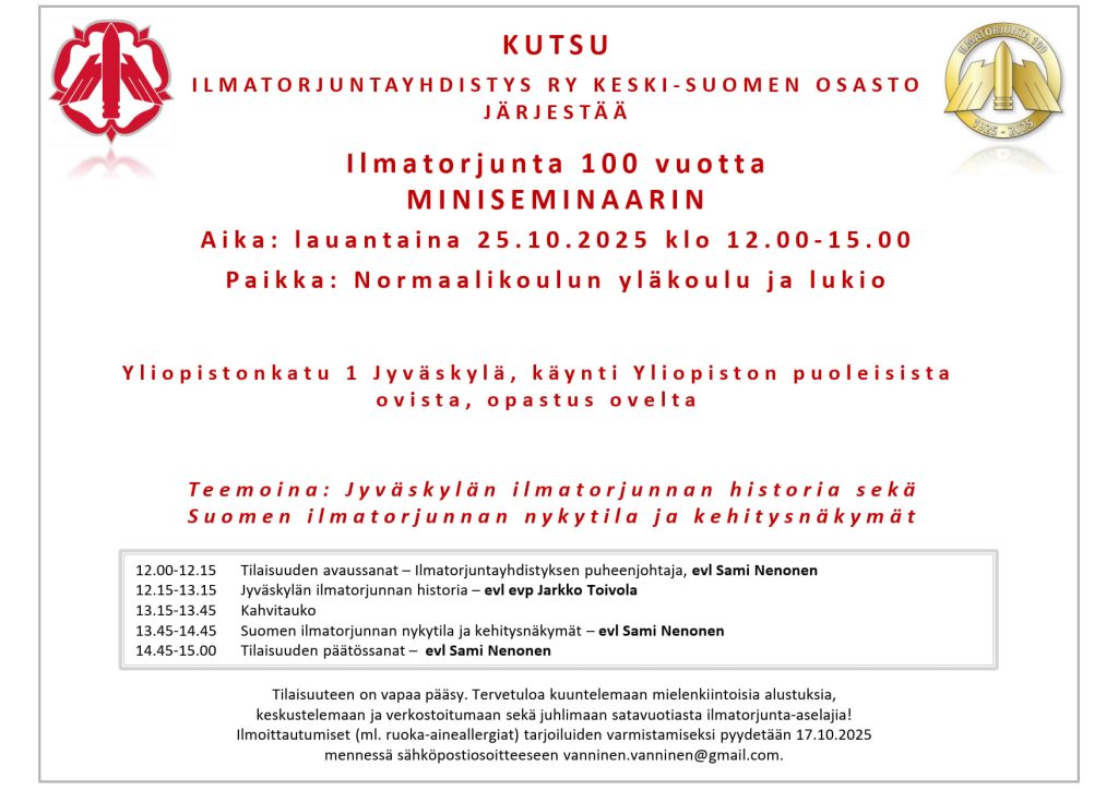 Ilmatorjunta 100 vuotta -miniseminaari Jyväskylässä 25.10.2025