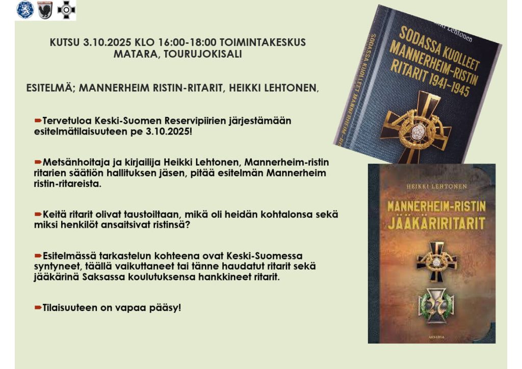 Tietokirjailija Heikki Lehtonen pitää esitelmän Mannerheim-ristin ritareista Jyväskylässä 3.10.